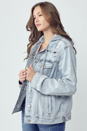 RISEN Full Size Distressed Drawstring Hooded Denim Jacket