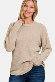 Zenana Full Size Round Neck Long Sleeve Curved Hem Sweater