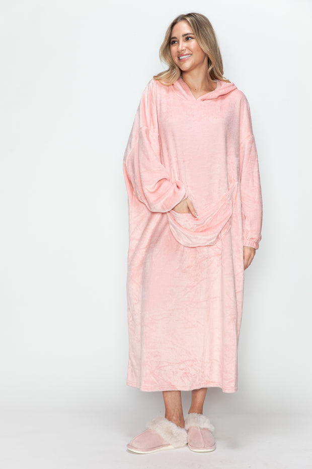 Double Take Full Size Pocketed Hooded Midi Lounge Dress