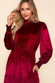 Haptics Mock Neck Smocked Waist Velvet Tiered Dress