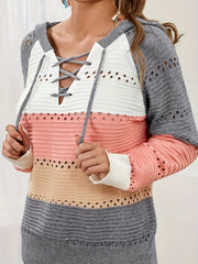 Lace-Up Contrast Long Sleeve Hooded Sweater