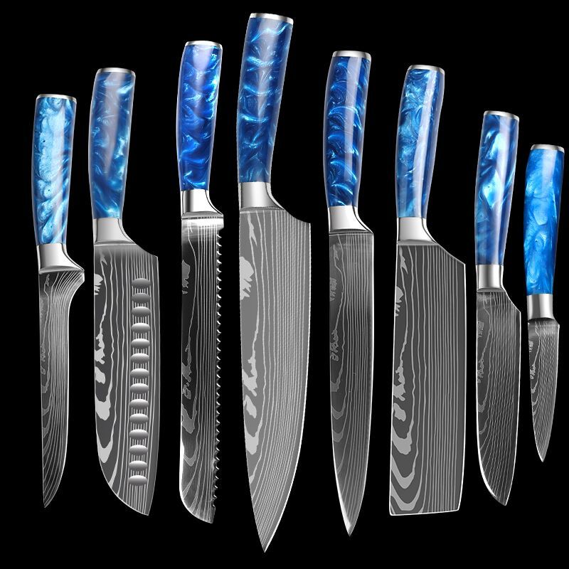 Stainless Steel Knife Set Blue Resin Handle Chef's Knife Set