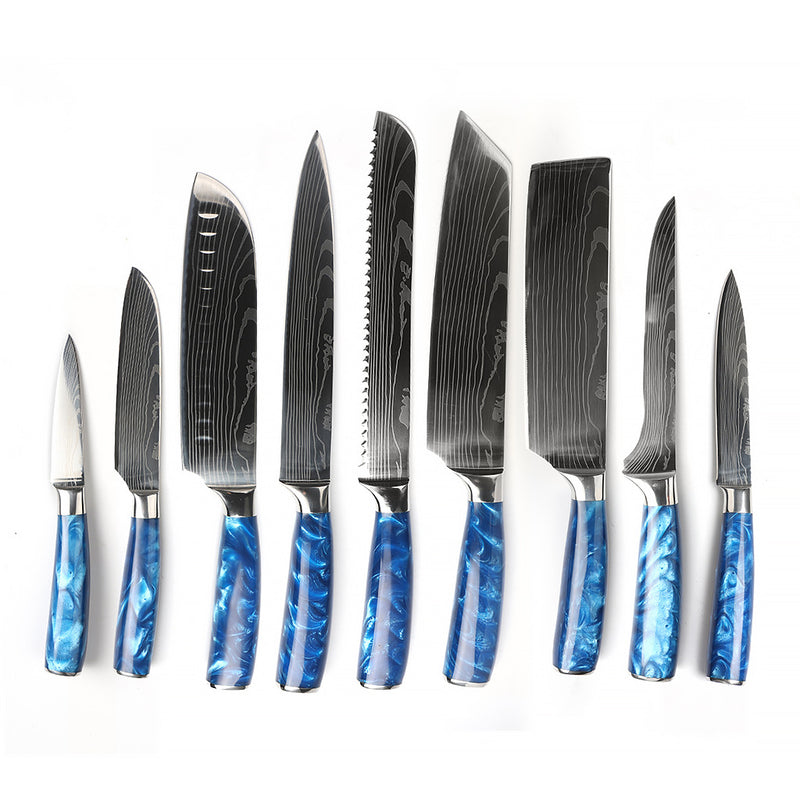 Stainless Steel Knife Set Blue Resin Handle Chef's Knife Set