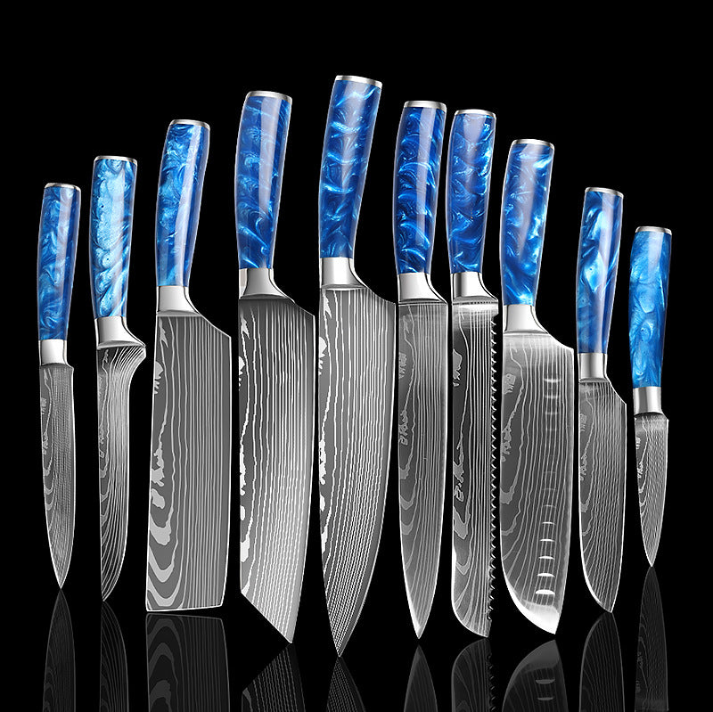 Stainless Steel Knife Set Blue Resin Handle Chef's Knife Set