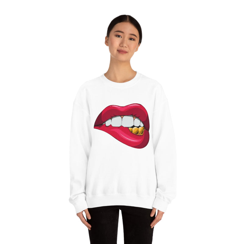 Unisex Heavy Blend Crewneck Lips with Gold Teeth Sweatshirt